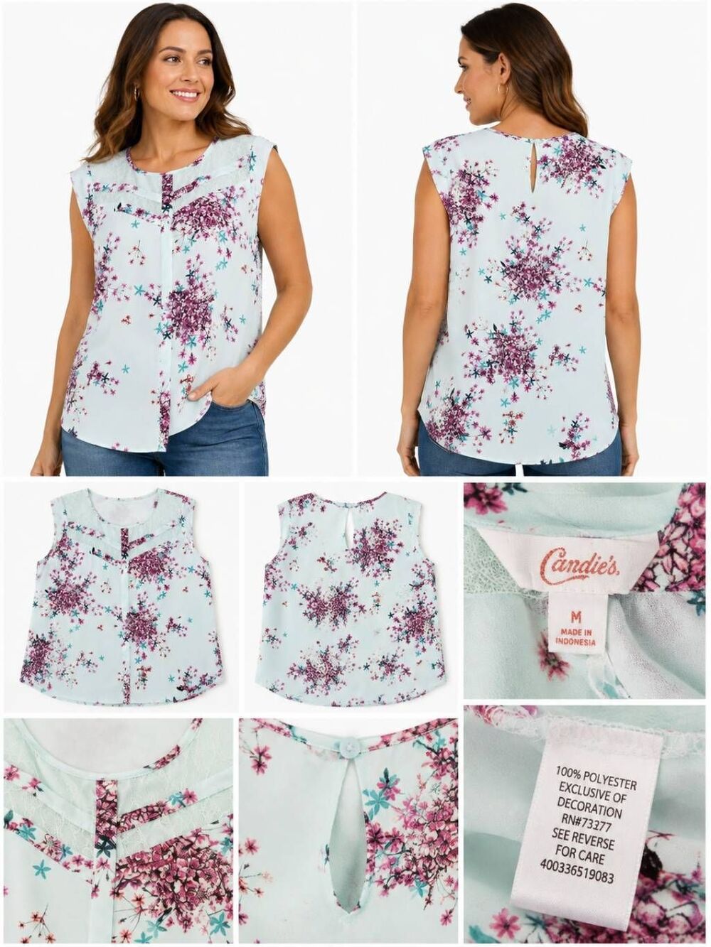 Candie’s Women’s Mint Floral Sleeveless Blouse Lace Yoke M NWT